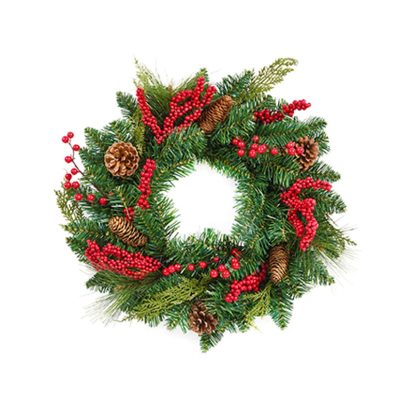 Premier 50cm Cone and Berry PVC Christmas Wreath with red berries and pine cones.