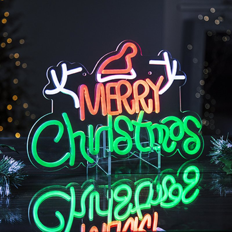 Premier 40cm USB lit Merry Christmas neon hanging sign with Santa hat glowing in green, red, and orange.