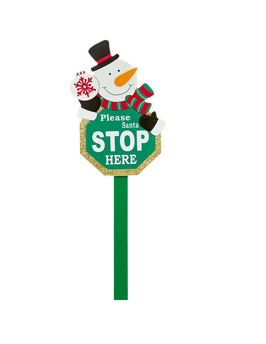 Premier Wooden Santa Stop Here garden stake sign with cute snowman design and glitter details