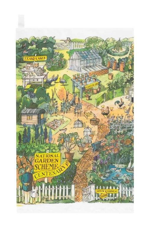 National Garden Scheme cotton tea towel featuring a detailed garden illustration by Matthew Rice.