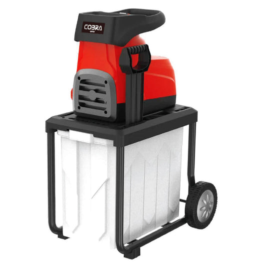 Cobra QS2800 2800W electric quiet drum garden shredder with 60L collection box, auto-feed system, and 10m cable.