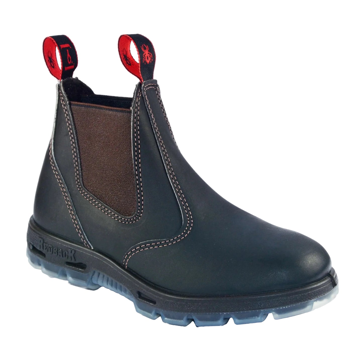 Pair of Redback Bobcat UBOK soft toe dealer boots in dark claret brown leather showing the elastic sides and pull tabs.