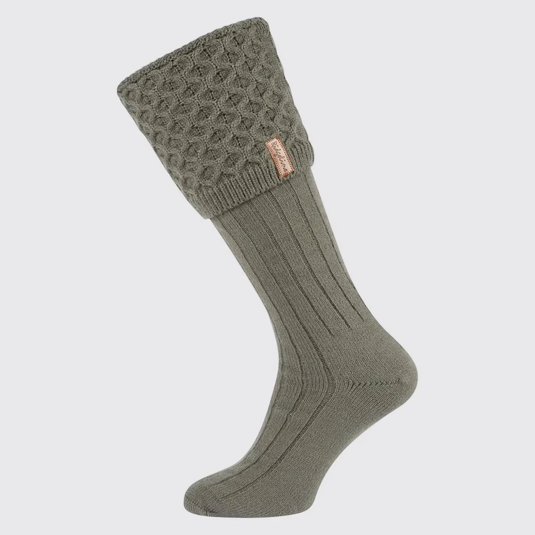 Pair of Ridgeline double cuff welly socks in knitted acrylic worn folded over black wellington boots