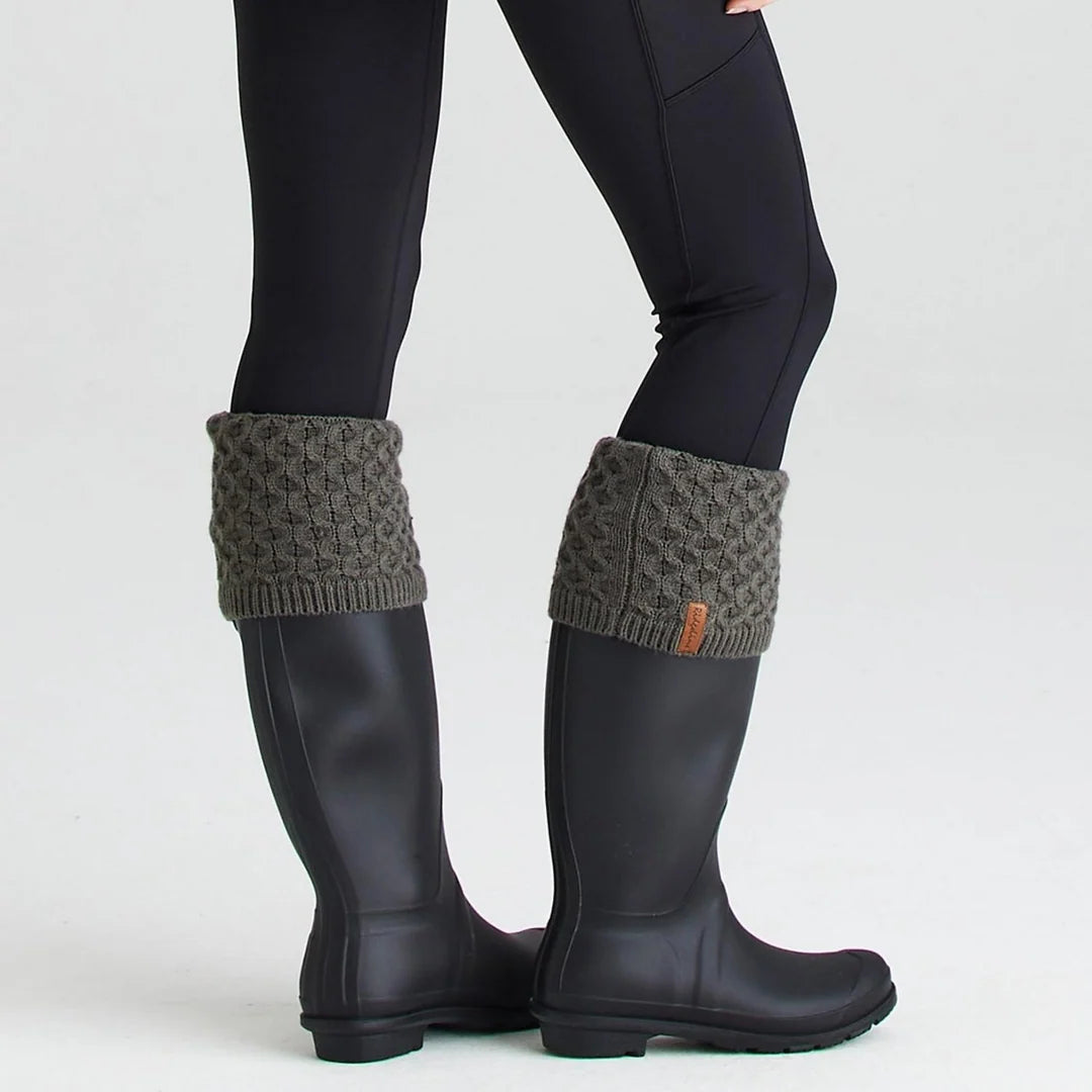 Pair of Ridgeline double cuff welly socks in knitted acrylic worn folded over black wellington boots
