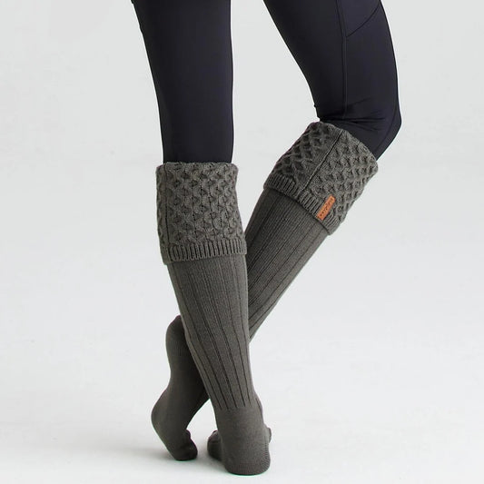 Pair of Ridgeline double cuff welly socks in knitted acrylic worn folded over black wellington boots