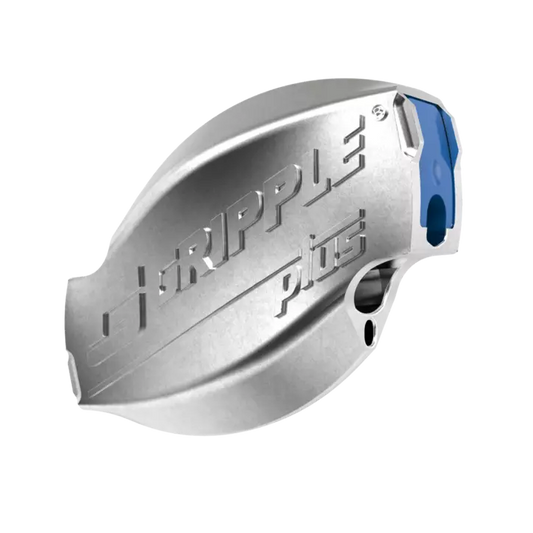 Single silver Gripple Plus metallic wire joiner featuring an ergonomic curved design and a distinct blue end channel insert.