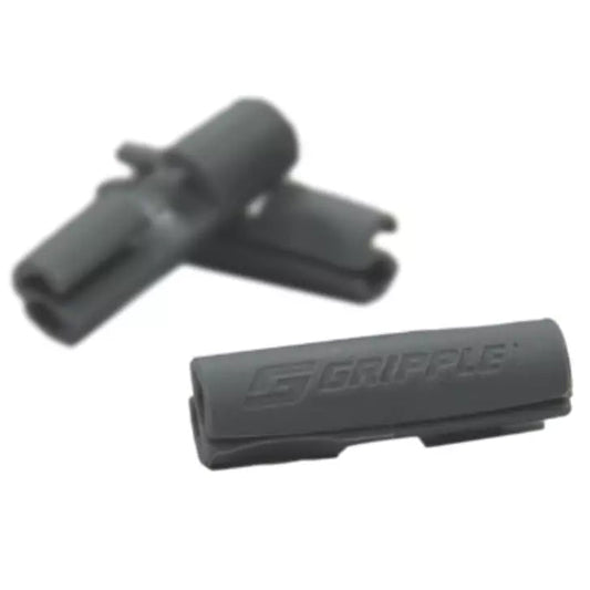 Small grey plastic Gripple Twister wire covers designed to wrap around and tidy up exposed 2mm and 3mm tail wires