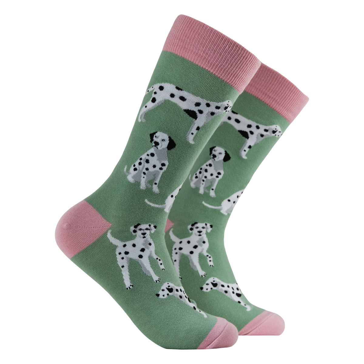 Spot The Difference Dalmatian socks featuring black and white Dalmatians on a sage green background with pink cuffs
