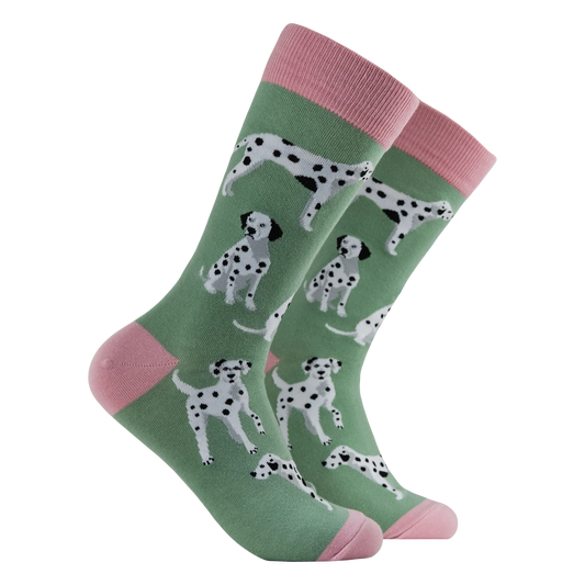 Spot The Difference Dalmatian socks featuring black and white Dalmatians on a sage green background with pink cuffs