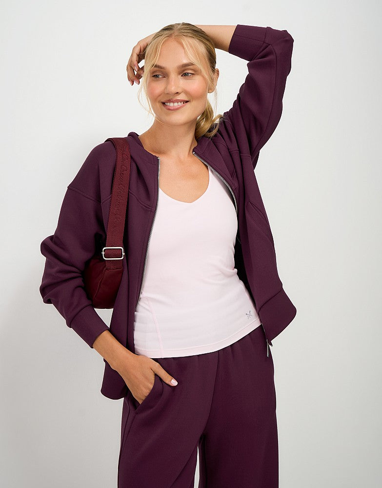 Crew Clothing SuperLuxe zip-through hoodie jacket in wine with side pockets and crossed oars chest print
