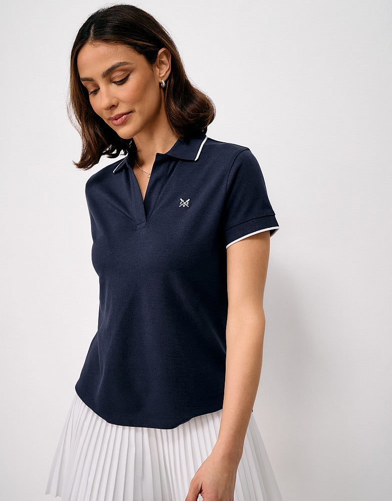 Crew Clothing Pique Modal Stretch Polo Shirt in a supersoft cotton blend featuring a V neck, ribbed collar, and signature crossed oars embroidery.