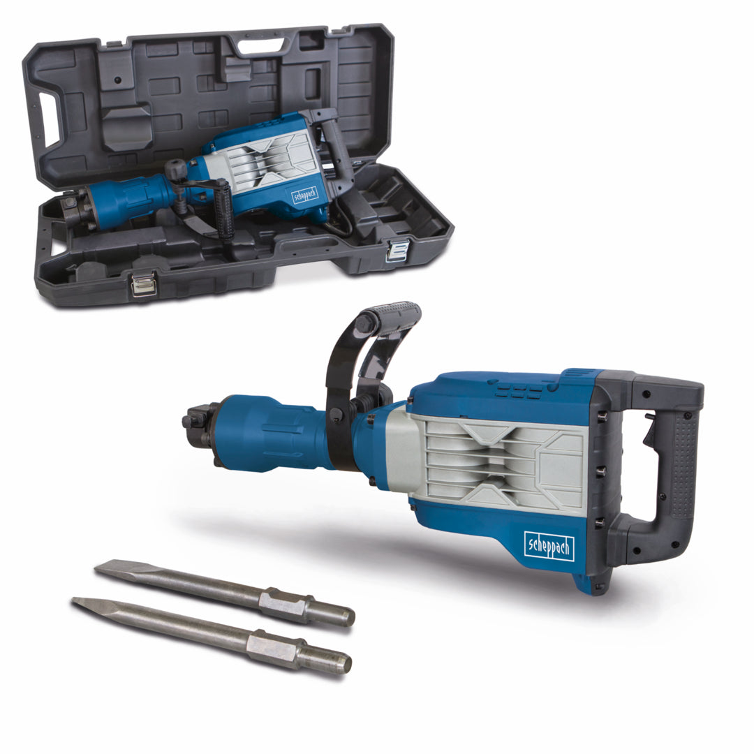 Scheppach AB1900 1900W heavy duty electric demolition hammer breaker with hex chisels and wheeled case.