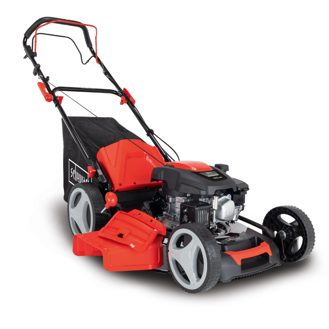 Scheppach MS173-51 self-propelled petrol lawn mower with 51cm steel cutting deck and 65L grass collector.