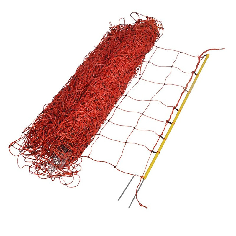 Gallagher 50m orange electric sheep netting with 14 double-spike posts installed in a grassy pasture field.