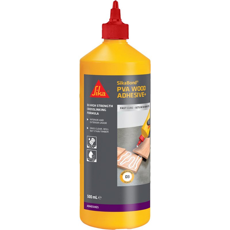 SikaBond PVA Wood Adhesive+ 500ml squeeze bottle for bonding timber joints, furniture, and internal or external woodwork.