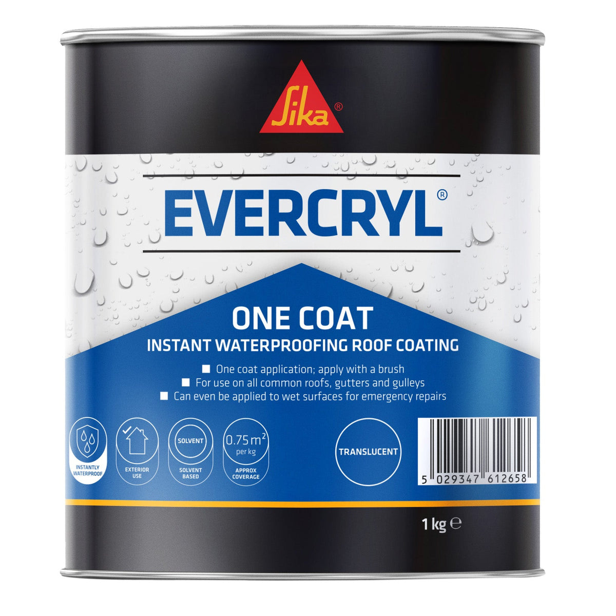 A 1 kg can of Sika Evercryl One Coat Instant Waterproofing Roof Coating, featuring a white label with blue text and water droplets, on a white background.