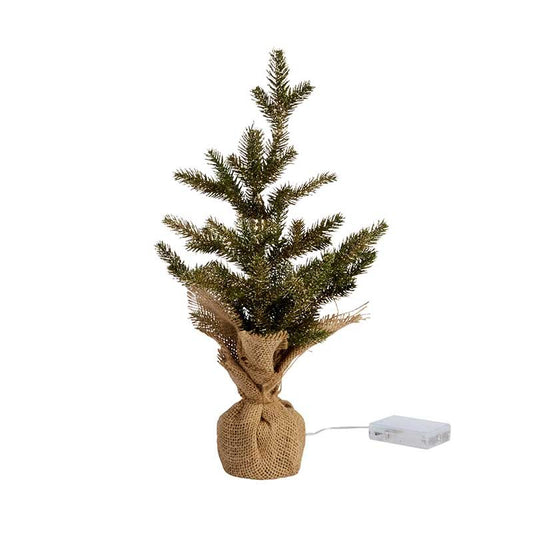Smart Garden InLit Sparkly Fir 45cm pre-lit mini Christmas tree with warm white lights wrapped in a hessian base.