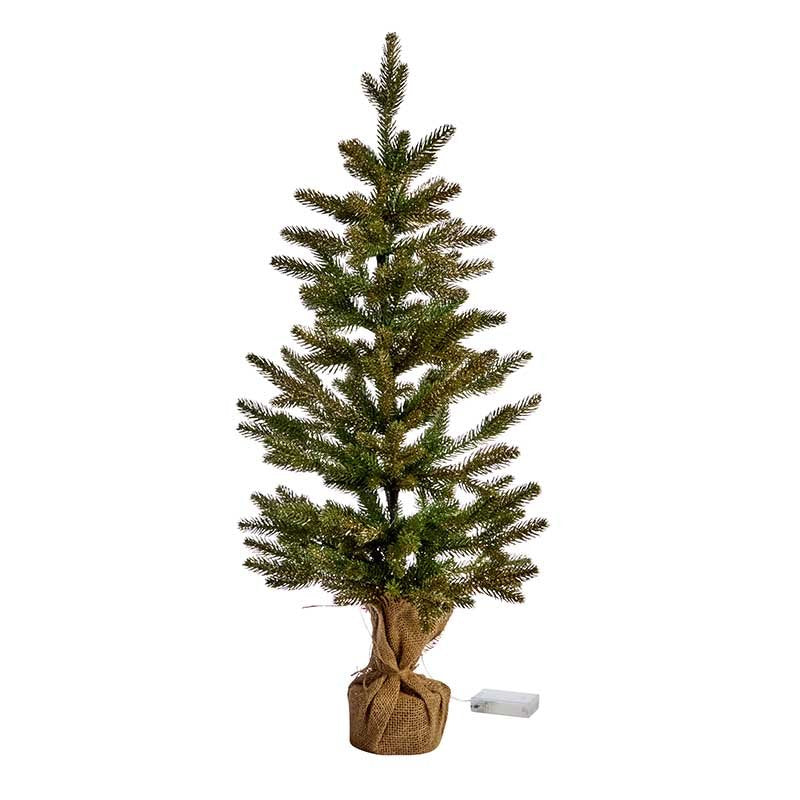 Smart Garden InLit Sparkly Fir 85cm pre-lit artificial Christmas tree with warm white lights wrapped in a hessian base.