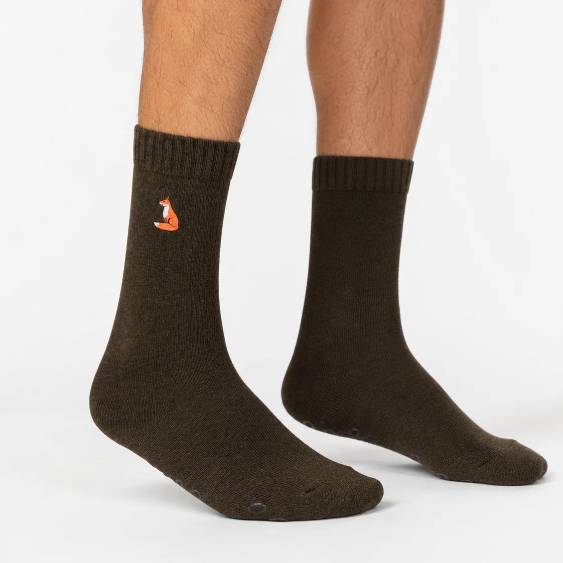 Socktopus olive green wool blend boot socks featuring an embroidered fox emblem and anti-slip sole grips