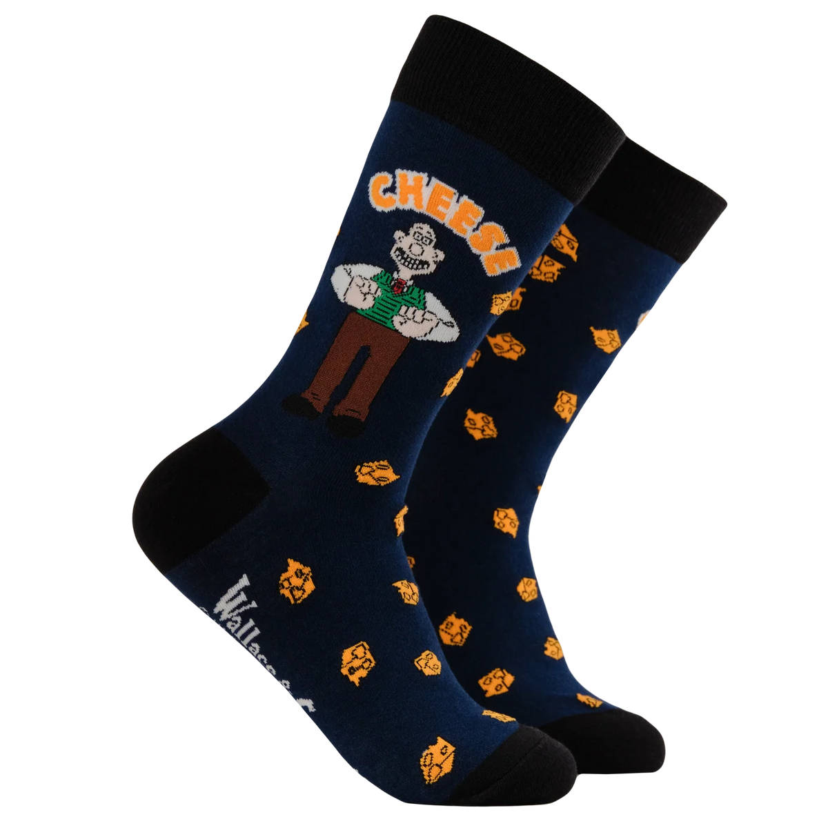 Socktopus Wallace Cheese Socks featuring Wallace surrounded by cheese wedges on a bright background