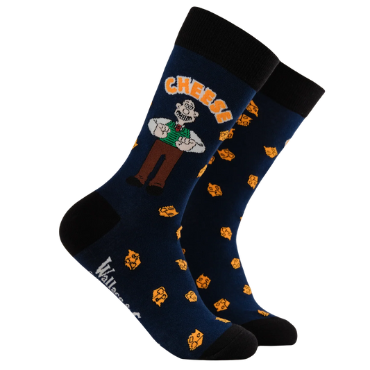 Socktopus Wallace Cheese Socks featuring Wallace surrounded by cheese wedges on a bright background