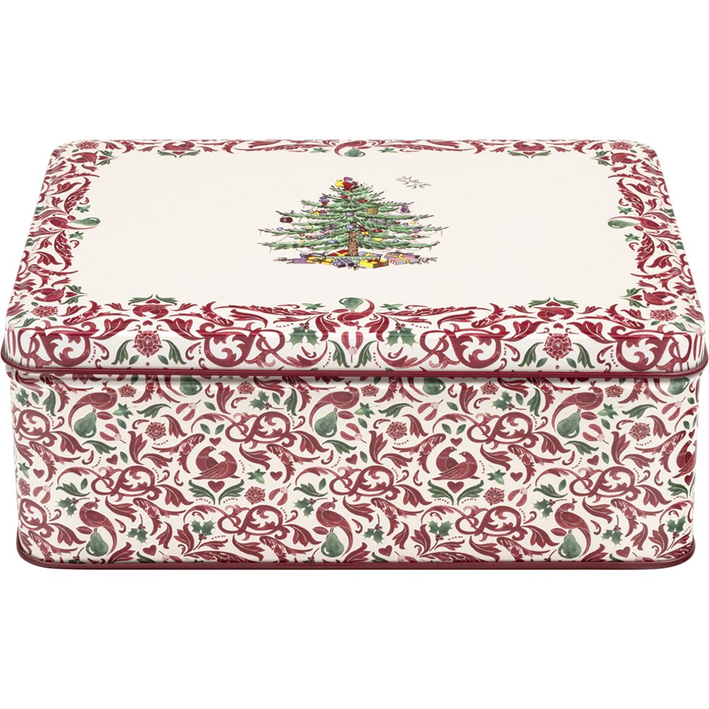 Spode Christmas Tree deep rectangular steel tin with red and green scrolling pattern and central decorated Christmas tree.