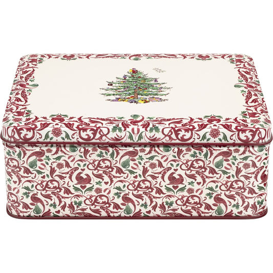 Spode Christmas Tree deep rectangular steel tin with red and green scrolling pattern and central decorated Christmas tree.