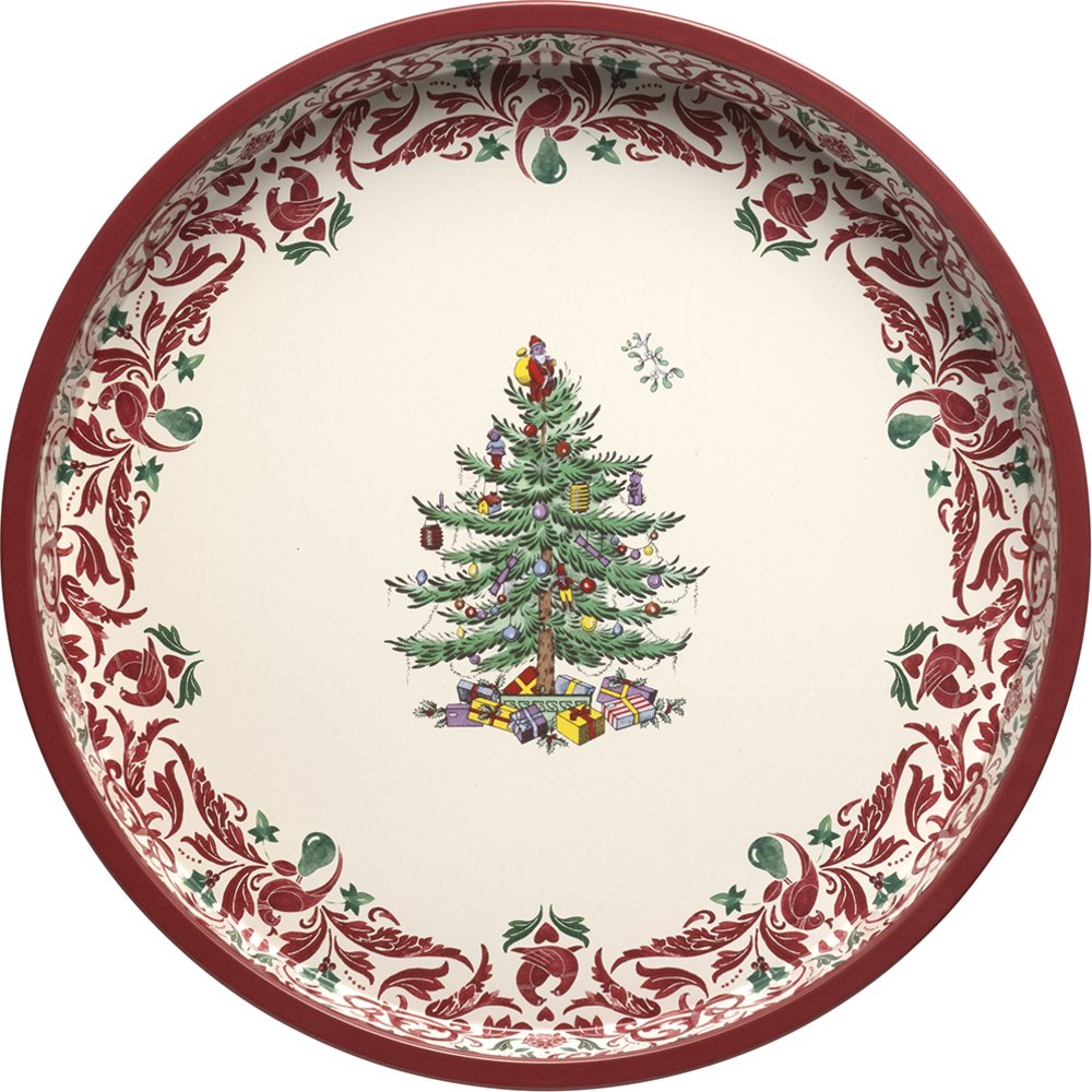 Round Spode Christmas Tree deepwell steel serving tray with cream center, decorated Christmas tree, and red scrolling border.