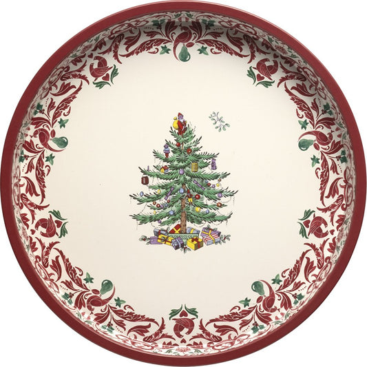 Round Spode Christmas Tree deepwell steel serving tray with cream center, decorated Christmas tree, and red scrolling border.