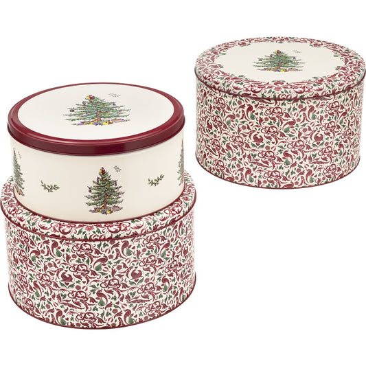 Spode Christmas Tree set of 3 round nesting metal cake tins featuring red scrolling patterns and decorated Christmas tree artwork.