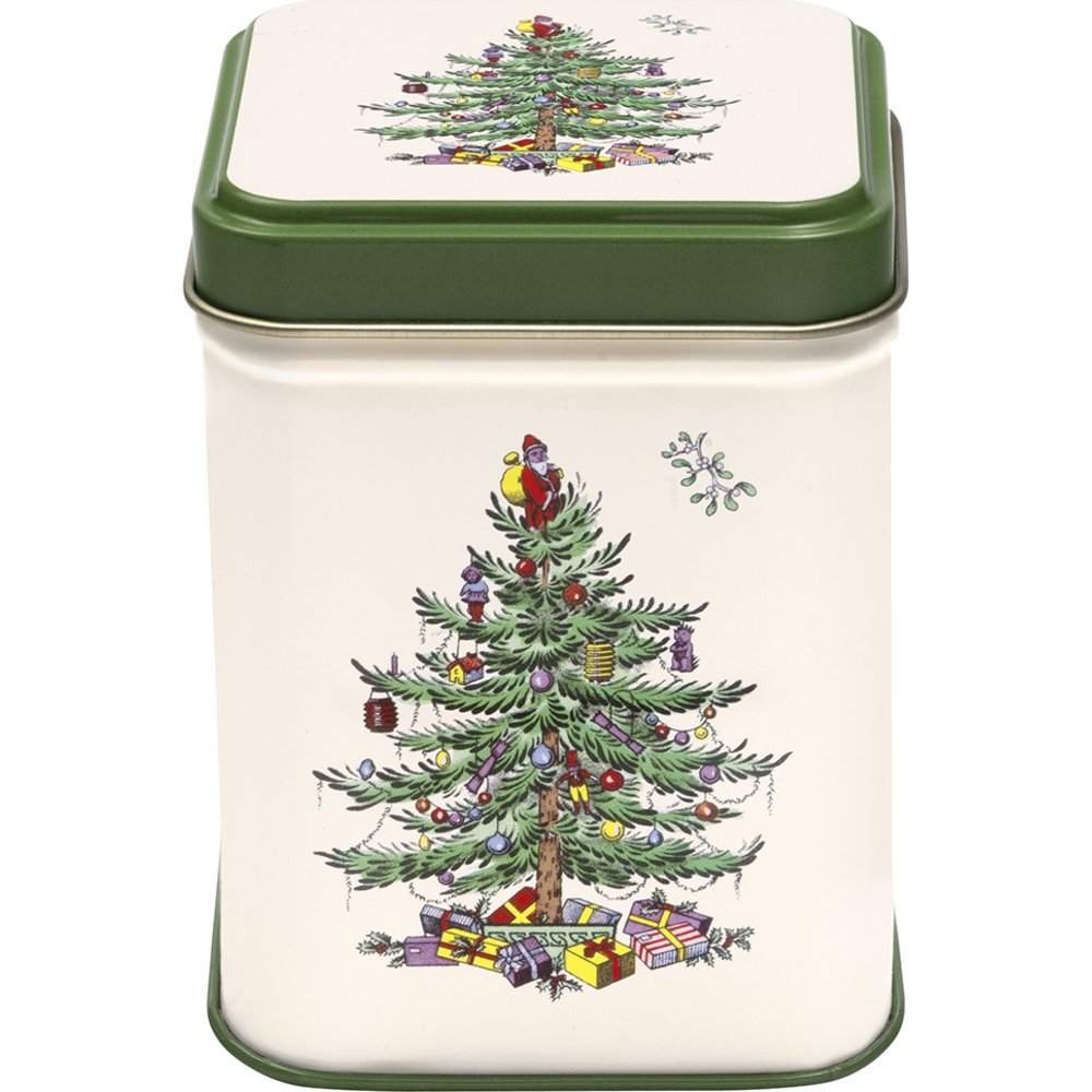 Spode Christmas Tree square metal storage tin with green removable lid and iconic decorated Christmas tree print.