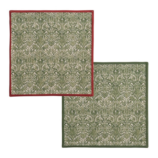 Spode Morris & Co. Bluebell deep green cotton napkins set of 2 with red and green stitched borders