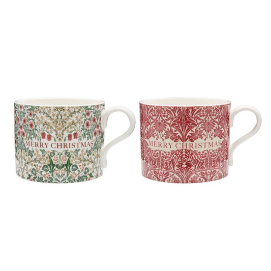 Spode Morris & Co. festive porcelain mugs set of 2 with Merry Christmas sentiment in Bluebell and Blackthorn prints