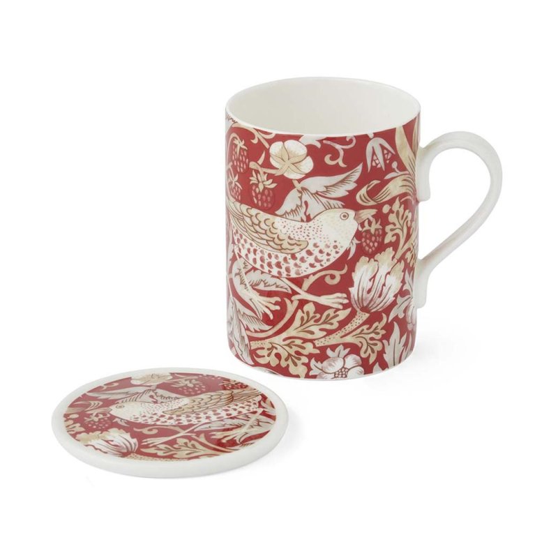 Shop the Spode Morris & Co. Strawberry Thief Indian Red Mug & Coaster Set. Bone china mug with matching coaster. Microwave & dishwasher safe.