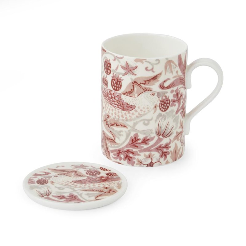 Spode Morris & Co. Strawberry Thief Madder Red bone china mug with matching coaster