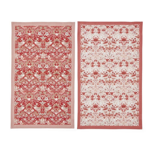 Spode Morris & Co. Strawberry Thief cotton tea towels set of 2 in red and cream colourways