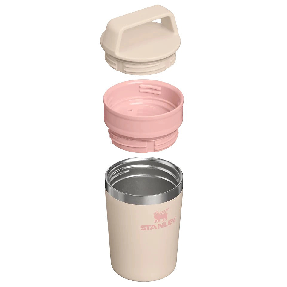 Stanley Café-to-Go Travel Mug Champagne 0.23L showing disassembled two piece lid and insulated mug body