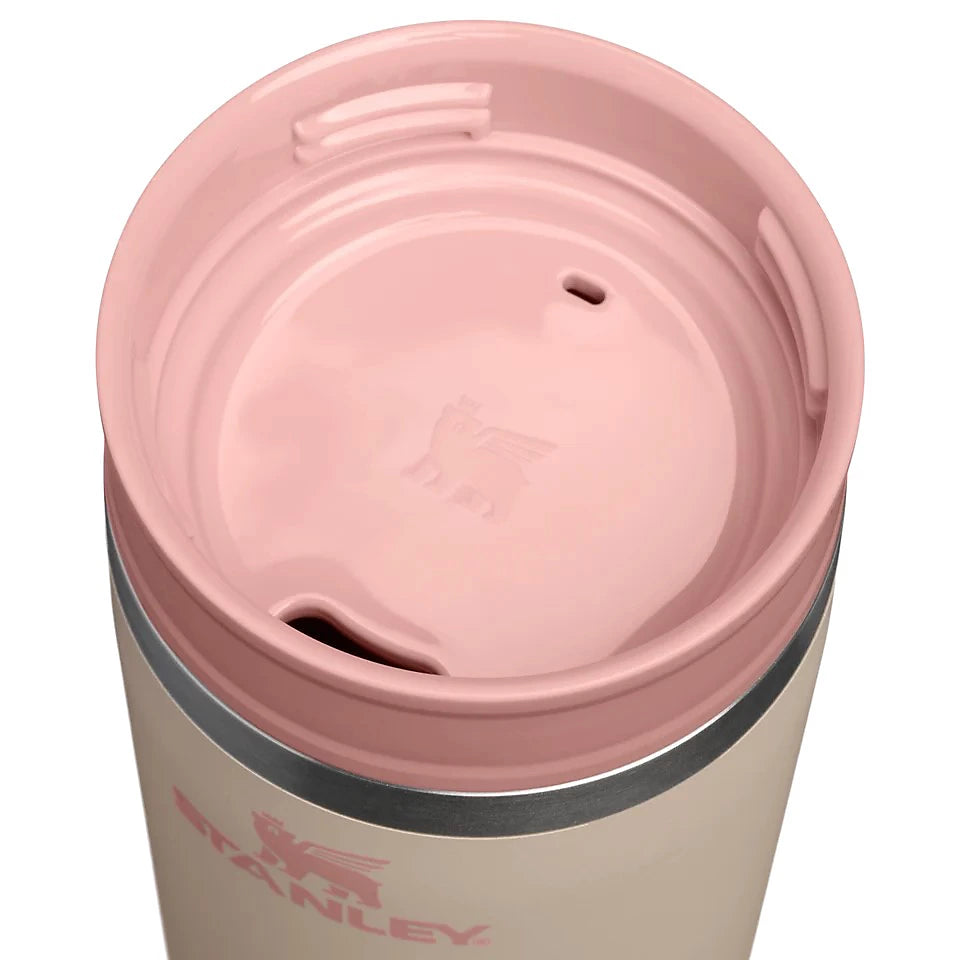 Stanley Café-to-Go Travel Mug Champagne 0.23L showing disassembled two piece lid and insulated mug body