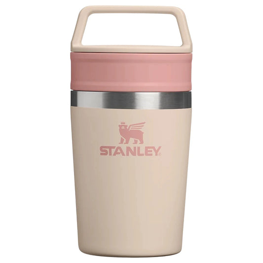 Stanley Café-to-Go Travel Mug Champagne 0.23L showing disassembled two piece lid and insulated mug body