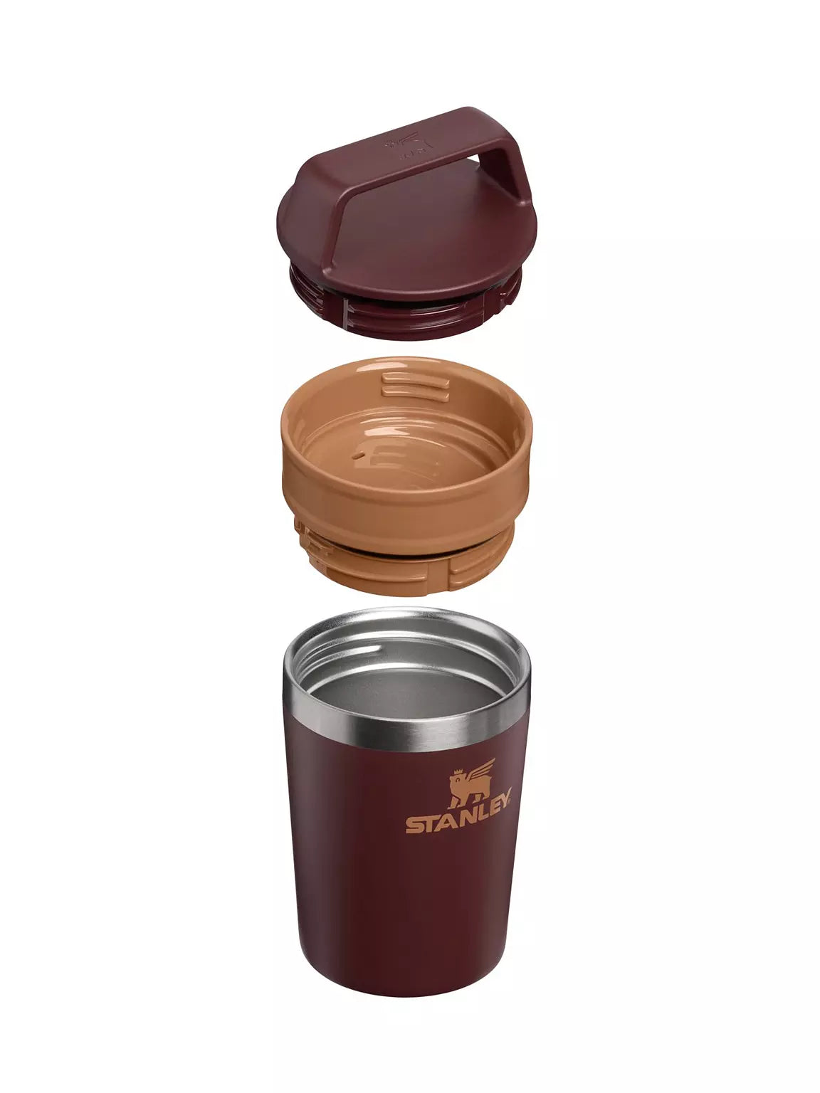 Stanley Café-to-Go Travel Mug Coffee 0.23L 8oz showing disassembled two piece lid and insulated mug body
