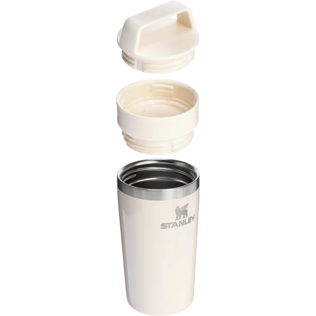 Stanley Café To Go Travel Mug Cream Gloss 0.35L showing disassembled two piece lid and insulated body