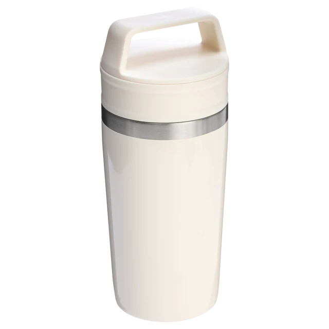 Stanley Café To Go Travel Mug Cream Gloss 0.35L showing disassembled two piece lid and insulated body