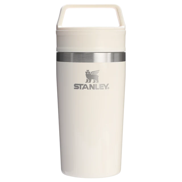 Stanley Café To Go Travel Mug Cream Gloss 0.35L showing disassembled two piece lid and insulated body