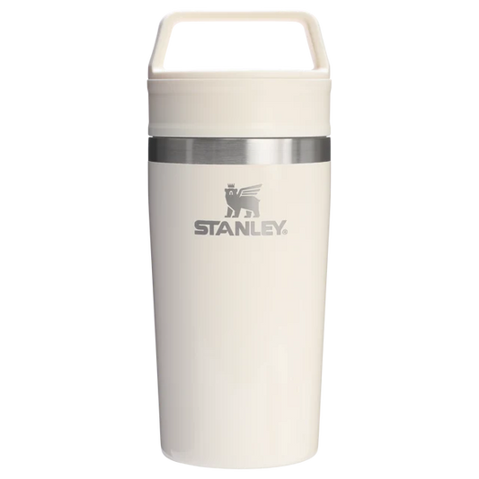 Stanley Café To Go Travel Mug Cream Gloss 0.35L showing disassembled two piece lid and insulated body
