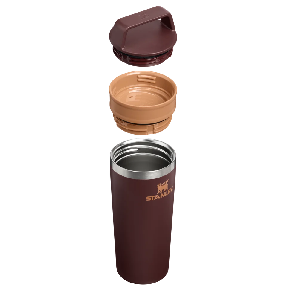 Stanley Café To Go Travel Mug Coffee 0.47L showing disassembled two piece lid and insulated mug body