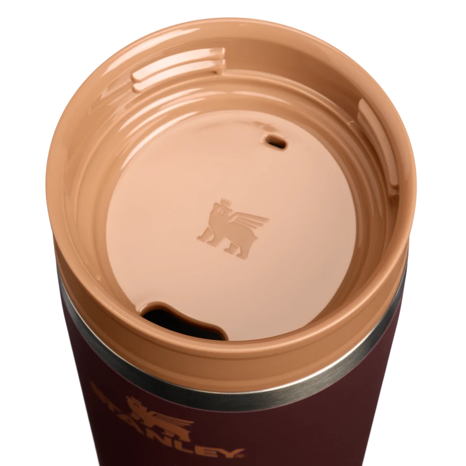 Stanley Café To Go Travel Mug Coffee 0.47L showing disassembled two piece lid and insulated mug body