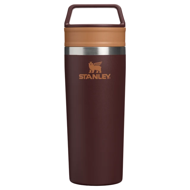 Stanley Café To Go Travel Mug Coffee 0.47L showing disassembled two piece lid and insulated mug body