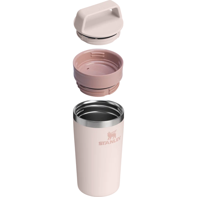 Stanley Café To Go Travel Mug Rose Quartz 0.47L showing disassembled two piece lid and insulated mug body
