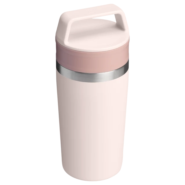 Stanley Café To Go Travel Mug Rose Quartz 0.47L showing disassembled two piece lid and insulated mug body