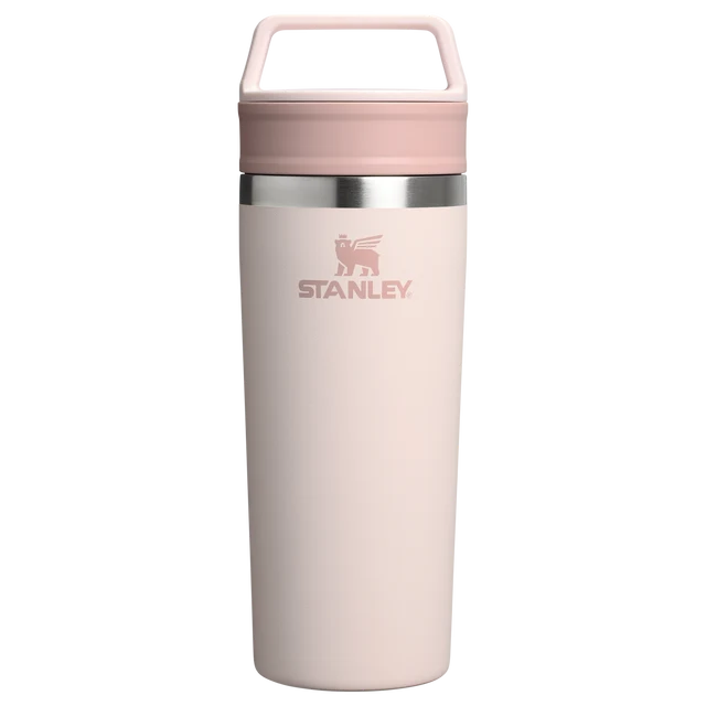 Stanley Café To Go Travel Mug Rose Quartz 0.47L showing disassembled two piece lid and insulated mug body